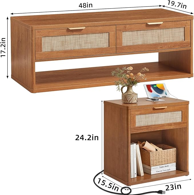 LEYAOYAO Boho Rattan Coffee Table Sets 2 Pieces, Nightstand with Charging Station and Coffee Table with Hidden Storage Compartment, Brown Living Room Table Set, Wood Furniture Sets for Home Office-Ruum Studio Home