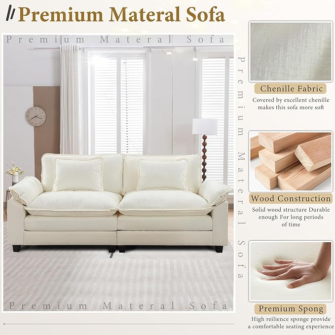 URRED Modular Sectional Sofa Comfy Cloud Couch, Modern Chenille Sofa Sleeper Deep Seat Couches with Ottoman/Pillows for Living Room (White, 82.6'')-Ruum Studio Home