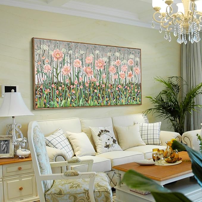 amatop Framed Oversized Floral Canvas Wall Art Canvas Print Modern Botanical Flower Field Rustic Wall Decor Abstract Nature Blooming Wildflower Pale Pink Green Artwork for Living Room Bedroom Office 58x29 in-Ruum Studio Home