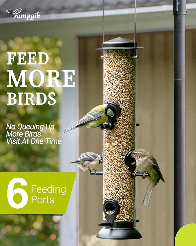 Bird Feeder Premium Hard Plastic for Wild Bird Feeders for Outdoors,Tube Bird Feeders for Outdoors Hanging,14 Inch 6 Port Black,Pack of 1-Ruum Studio Home