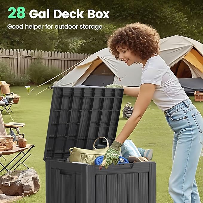28 Gallon Outdoor Storage Box, Waterproof Durable Resin Deck Box for Indoor & Outdoor Use, Lockable Outdoor Bench, Deck Bin for Patio Furniture, Deliveries, Pool Supplies, Black-Ruum Studio Home