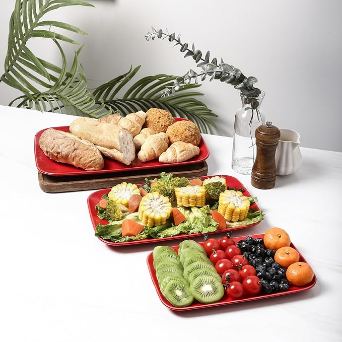 Vicrays Ceramic Rectangle Serving Platters - 14" 12" 10" Porcelain Serving Trays Plates for Party BBQ Appetizers Sushi Dessert - Microwave Oven and Dishwasher Safe - Set of 3 Red-Ruum Studio Home