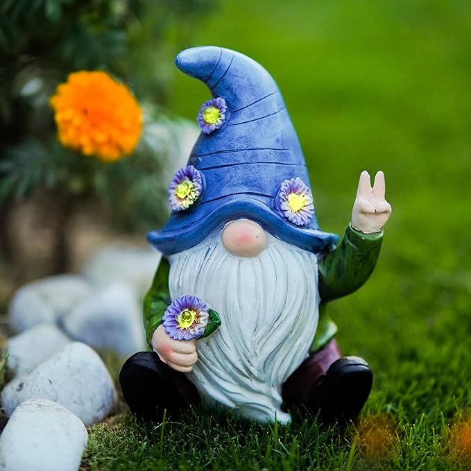 Peace Gnome Decorations for Yard/Lawn – Weatherproof Garden Statue – Fun Spring Summer Charming Gnomes Gifts for Women (Blue Peace Gnome)-Ruum Studio Home