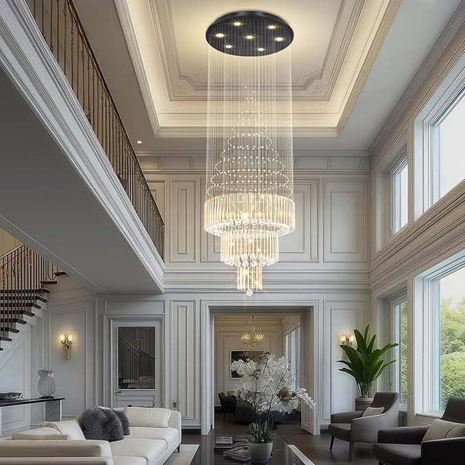 Flashing God D24''XH86'' Modern Foyer Chandelier for High Ceiling Raindrop Crystal Chandelier High Ceiling Pendant Light Fixture for Hallway Living Room (Black Staircase Chandeliers)-Ruum Studio Home
