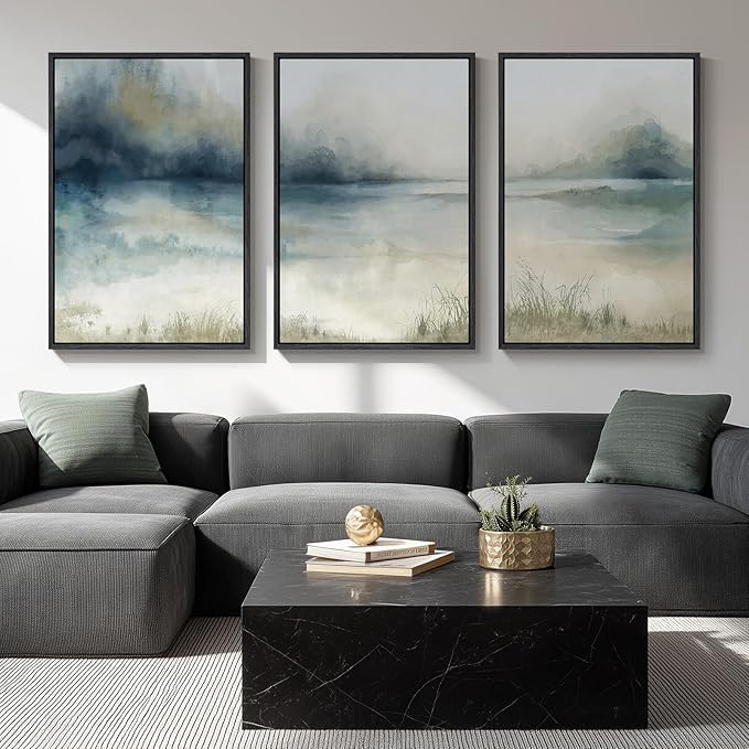 Large Framed Abstract Nature Landscape Wall Art for Living Room, 3 Piece Modern Canvas Prints Paintings Artwork for Walls, Blue Watercolor Lake Mountain Pictures for Hallway Office Wall Decor 24x36 In-Ruum Studio Home