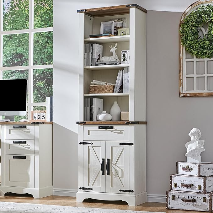 RedLemon Bookshelf with Storage Cabinet, 72" Tall Farmhouse Bookcase with Adjustable Shelves and Barn Door, 4 Tier Office Wood Bookshelf with Drawer for Office Library Living Room (Antuique White)-Ruum Studio Home