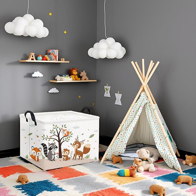 HIYAGON Rectangular Woodland Animal Basket Kids Baby Storage Basket Storage Bin Organizer Box Animal Room Decor(Spring Animal)-Ruum Studio Home