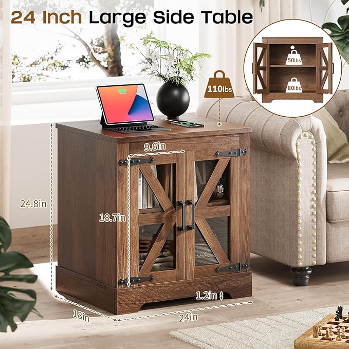 Farmhouse Side Table with Storage Cabinet, End Table with Adjustable Shelf, Night Stand, Wood Nightstand with Charger Station, 24 End Tables Living Room, Rustic Bed Side Tables Bedroom, Walnut-Ruum Studio Home