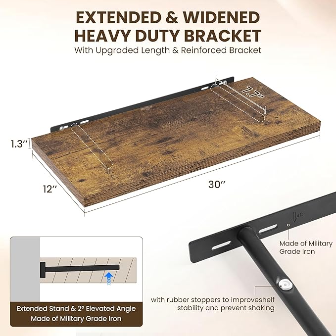 30" Floating Shelves for Wall, 12" Deep Slim Rustic Brown Floating Shelves, Wall-Mounted Shelves for Bedroom, Living Room, Kitchen, Bathroom - Set of 2-Ruum Studio Home