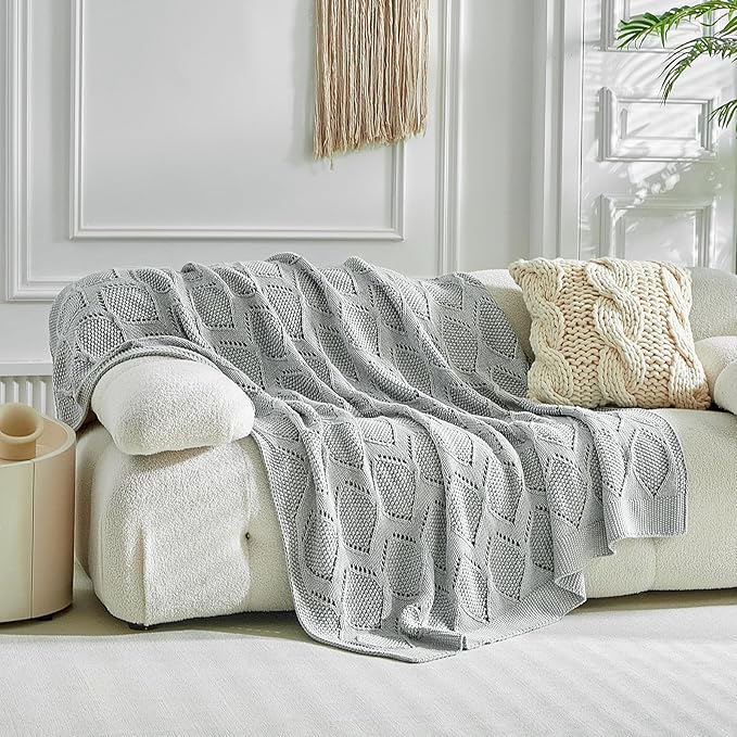 Longhui bedding Chunky Cotton Knit Throw Blanket for Couch, Sofa, Bed, or Chair, Decorative Breathable Fall Cable Knit Blanket 51 x 63 Inches, Grey-Ruum Studio Home