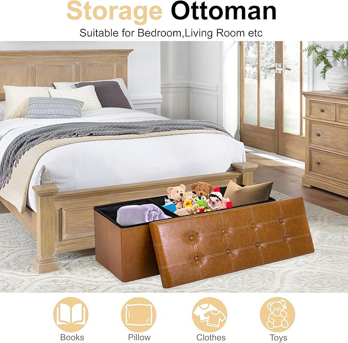 43 Inches Folding Storage Ottoman Bench, PU Leather Storage Chest, Footrest Padded Seat for Bedroom and Hallway, Holds up to 660 lbs, Light Brown-Ruum Studio Home