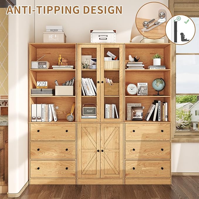 71" Tall Bookshelves Set of 3, 2 Bookcases with Drawers & 1 Bookshelf with Doors, Wooden Bookshelves Floor Standing Display Storage Shelves Home Decor Furniture for Home Office, Living Room-Ruum Studio Home