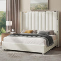 Jocisland Queen Size Bed Frame with 58" Tall Headboard, Platform Velvet Upholstered Bed with Channel Tufted Wingback Headboard and Plating Trim, No Box Spring Needed, White Cream-Ruum Studio Home