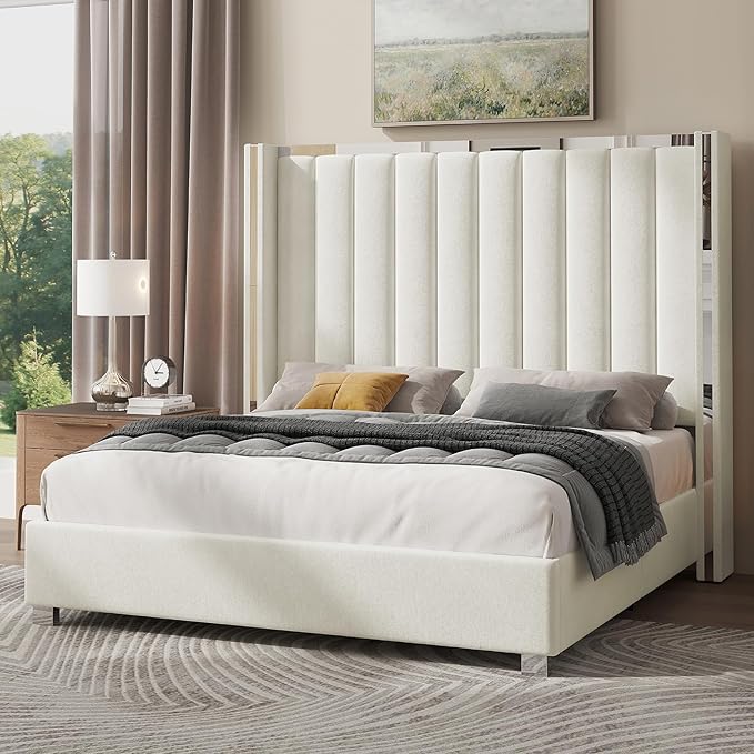 Jocisland Queen Size Bed Frame with 58" Tall Headboard, Platform Velvet Upholstered Bed with Channel Tufted Wingback Headboard and Plating Trim, No Box Spring Needed, White Cream-Ruum Studio Home