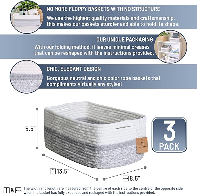NaturalCozy 13.5”x8.5”x5.5” Storage Baskets for Shelves 3 Pack | Cotton Rope Woven Small Baskets for Organizing | Small Storage Bins for Nursery, Bathroom, Closet, Cube Shelf, Decorative, Gift-Ruum Studio Home