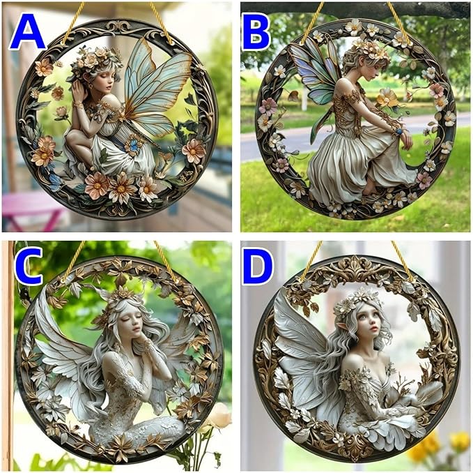 Flower Fairy Garden Decorations Angel Wing Christmas Halloween Deco Statue Art Elf Sculpture Hanging Craft for Outdoor Yard Courtyard Lawn Patio Window Acrylic Ornament Home Gift (D,L: 8*8 IN)-Ruum Studio Home