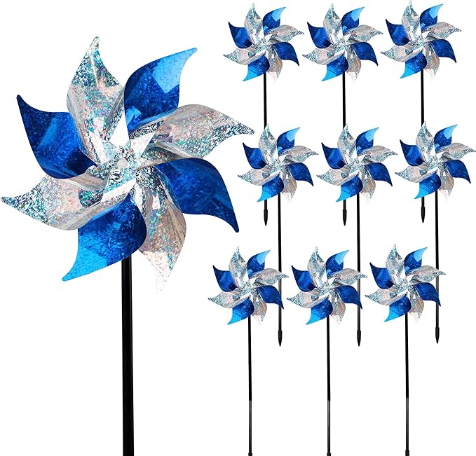 Hausse 10 Pack Reflective Pinwheels, Extra Sparkly Pinwheel, Bird Repellent Devices Deterrent to Scare Birds Away from Yard Patio Farm, Blue & Silver-Ruum Studio Home