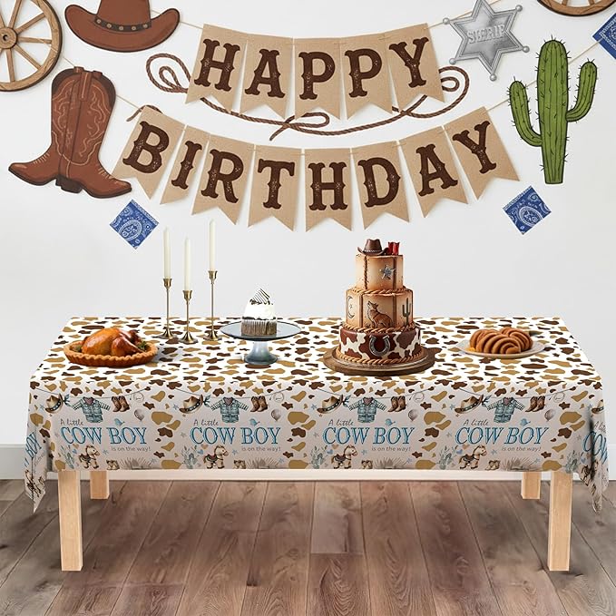 ATFUNSHOP Cowboy Baby Shower Tablecloth 4 Pack 54X108 A Little Cowboy is On The Way Western Theme Table Cover, Rustic Baby Boy Rodeo Party Decorations-Ruum Studio Home