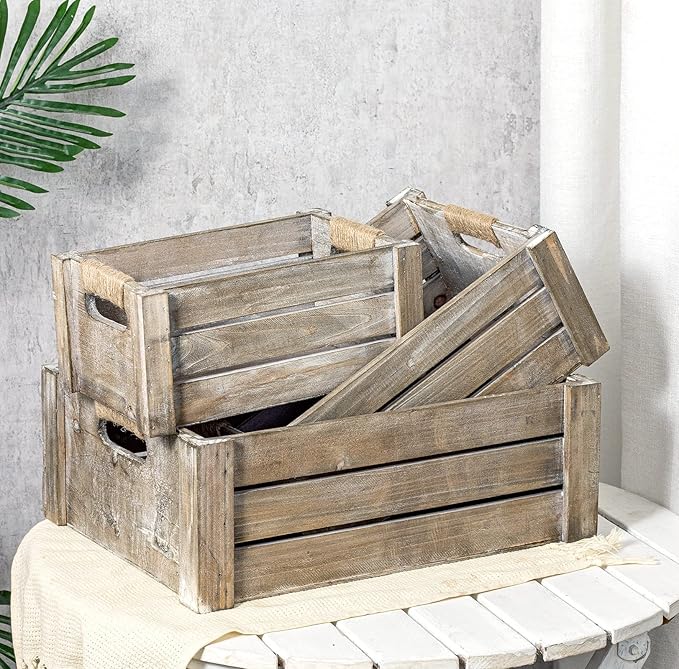TIMRIS Set of 3 Rustic Wood Nesting Crates, Farmhouse Wooden Storage Container Boxes with Cutout Handles, Decorative Wooden Baskets for Display (Rustic Gray)-Ruum Studio Home