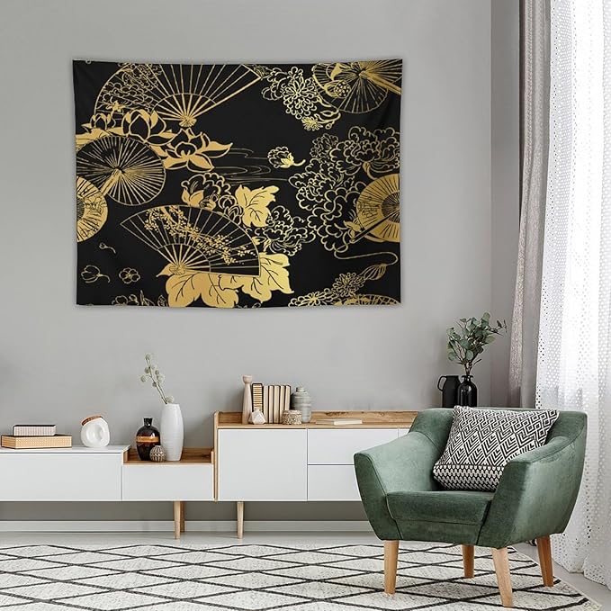 HZOHNAGO Japanese Tapestry Gold Flowers Umbrella Fan Pattern Printed Wall Tapestry Painting Wall Hanging for Bedroom Living Room Dorm 40" W x 30" H-Ruum Studio Home