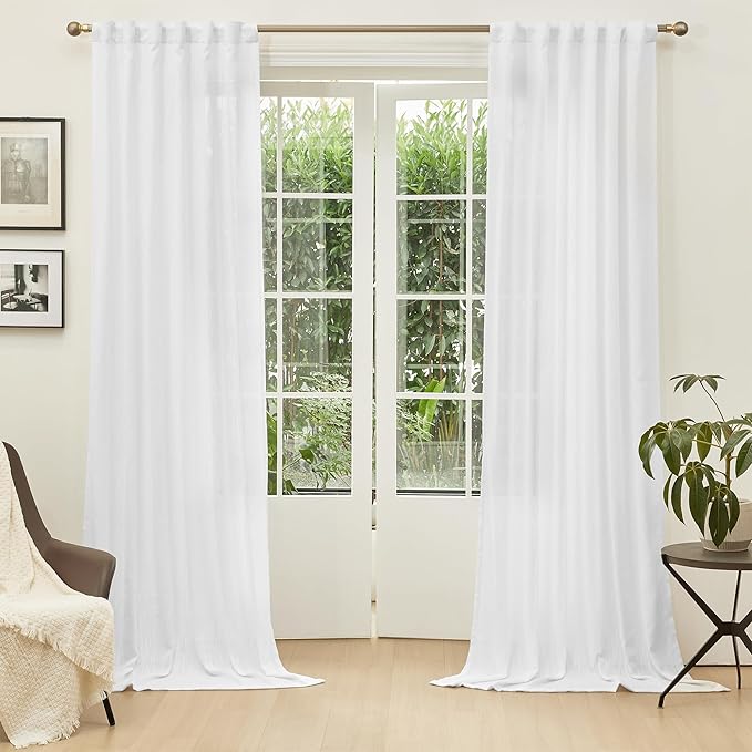 MYSKY HOME Floor to Ceiling Curtains 108 Inches White Sheer Window Drapes 2 Panel Sets Back Tab Draperies Linen Look Boho Fabric, Soft Cotton Blend Light Filtering for Living Room-Ruum Studio Home