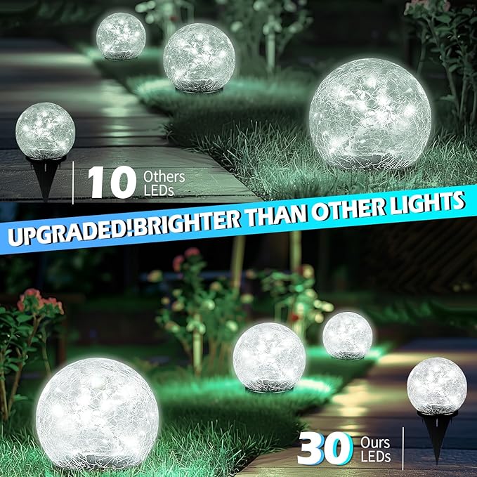 Garden Solar Ball Lights Outdoor Waterproof, 30 LED Cracked Glass Globe Solar Power Ground Lights for Path Yard Patio Lawn, Christmas Decoration Landscape White(2 Pack 3.9'')-Ruum Studio Home