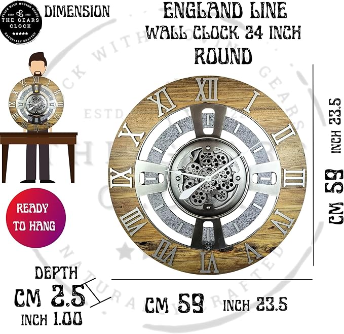 The Gears Clock Real Moving Gear Wall Clock England Line (Vintage Black, 24 inches (60 cm))