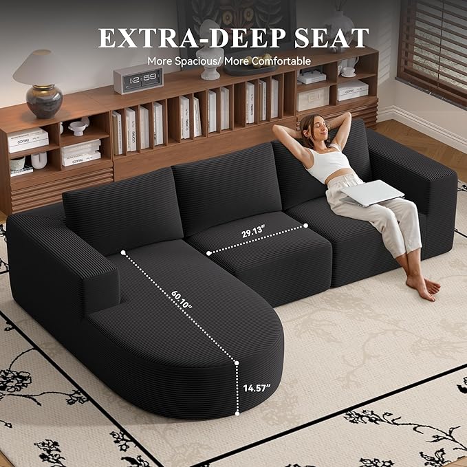 Modular Sectional Sofa with L-Shape Chaise,Cloud Sectional Modern Sleeper Couch with Deep Seat,Sponge Compression Sofas No Assembly Required (Black-Corduroy Fabric) 1pcs-Ruum Studio Home