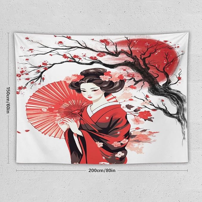 Japanese Red Geisha Tapestry Asian Cherry Blossom Traditional Kimono Folk Tapestries Home Decor for Living Room Bedroom Apartment Farmhouse Dorm 80"x60"-Ruum Studio Home