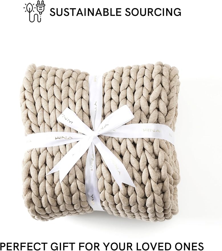 YnM Chunky Throw Blanket, Medium-Weight, Hand Knitted, Skin Friendly, Ventilated and Breathable, Machine Washable, Home Décor Piece for Couch, Sofa and Bed (Beige, 40x50 Inch)-Ruum Studio Home