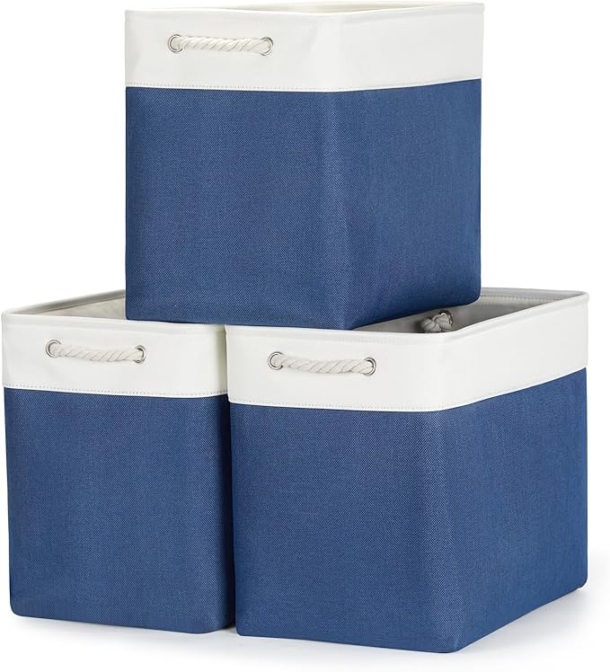 Bidtakay Extra Large Storage Baskets for Shelves 3 Pack Fabric Storage Bins for Organizing Linen Collapsible Organizer for Closet-White&Blue-Ruum Studio Home