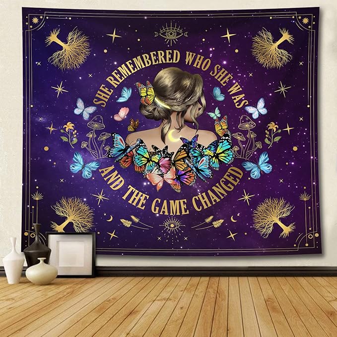 Inspirational Quote Tapestry She Remembered Who She Was And The Game Changed Positive Quotes Wall Decor,Uplifting Encouragement Gifts Inspirational Gift for Women Girls Tapestry for Bedroom 60"x50"-Ruum Studio Home