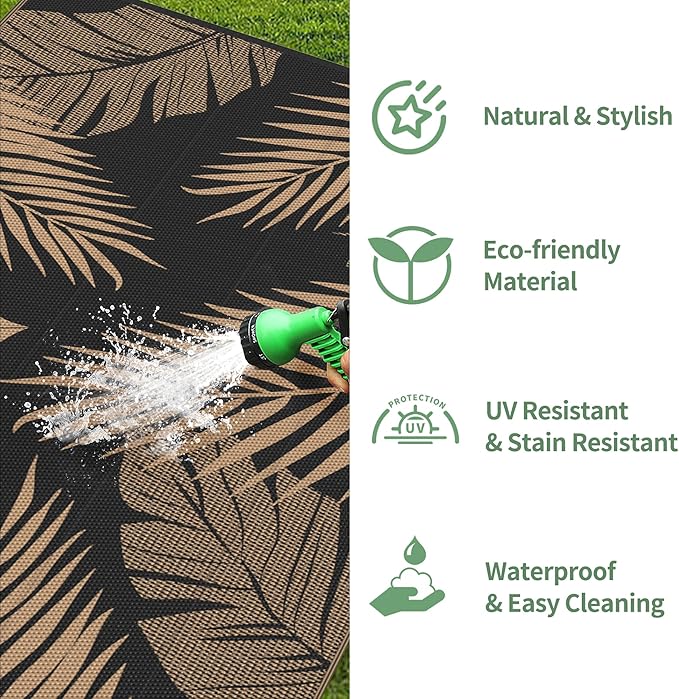 GENIMO Outdoor Rug 2.5' x 8' Waterproof for Patios Clearance, Reversible Outdoor Plastic Straw Camping Rug Carpet, Large Area Rugs Mats for RV, Camper, Deck, Balcony, Porch, Beach, Picnic, Black&Brown-Ruum Studio Home