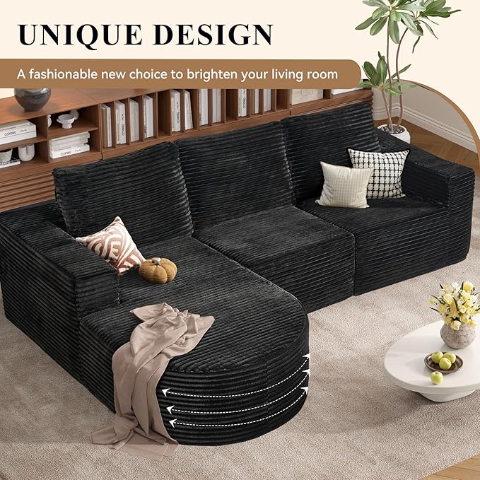 Modular Sectional Sofa with L-Shape Chaise,Cloud Sectional Modern Sleeper Couch with Deep Seat,Sponge Compression Sofas No Assembly Required(Plush Corduroy Fabric) 1PCS-Ruum Studio Home