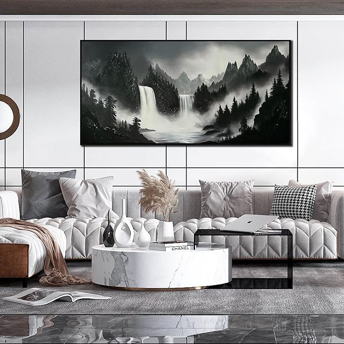 Hand Painted Mountains Painting for Living Room - Waterfall Canvas Wall Art for Office - Large Framed Wall Art Bedroom Size 29" x 59"-Ruum Studio Home