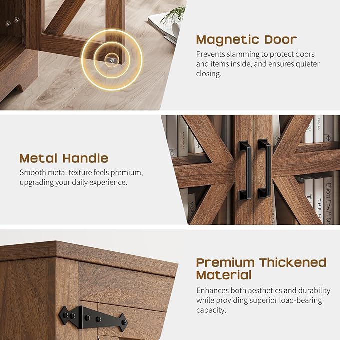 Farmhouse Side Table with Storage Cabinet, End Table with Adjustable Shelf, Night Stand, Wood Nightstand with Charger Station, 24 End Tables Living Room, Rustic Bed Side Tables Bedroom, Walnut-Ruum Studio Home