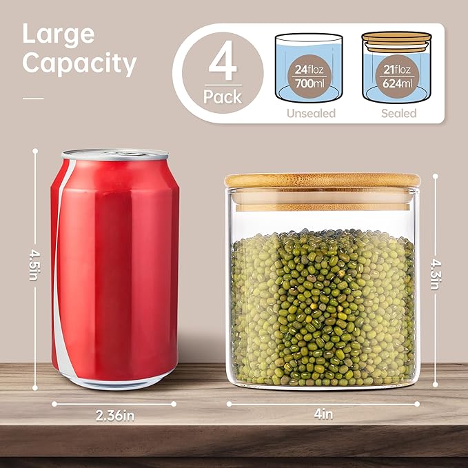 21oz - 4 Pack Glass Jars with Bamboo Lids, Glass Food Storage Containers with Airtight Lids, Air Tight Pantry Storage Containers for Coffee, Sugar, Spice, Meal Prep Jars for Salad & Fruit-Ruum Studio Home
