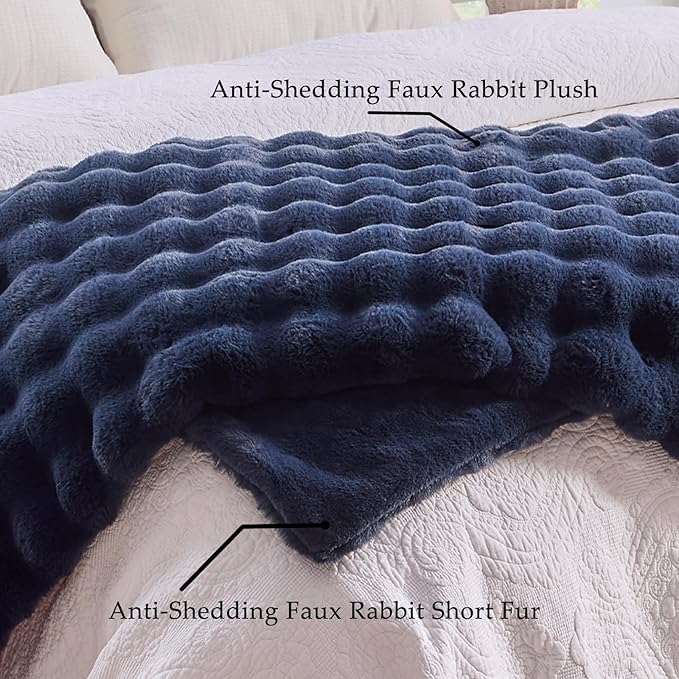 BENVWE Fluffy Faux Fur Throw Blanket for Couch, Soft Plush Thick Cozy Fuzzy Luxury Minky Bubble Blanket for Home Living Room Decor Gift for Women, Navy Blue, 51" x 63", 1100GSM-Ruum Studio Home