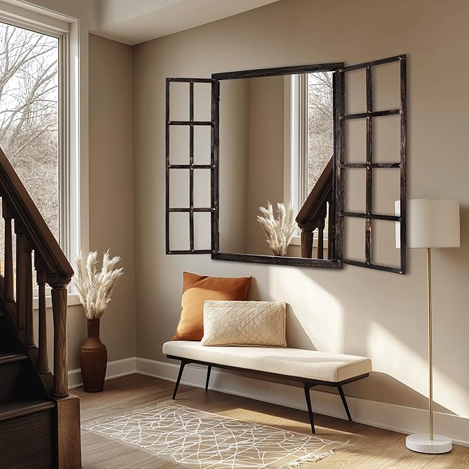 Wall Mirror with Window Design, 36"x24" Rustic Farmhouse Wood Mirror for Wall Decor, Decorative Vintage Mirror for Living Room, Bedroom, Entryway-Ruum Studio Home