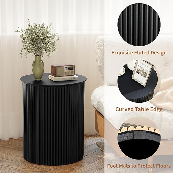 AVZEAR Fluted Round Side Table Small Mid Century End Table, 17.7" Fluted Nightstands Modern Circle Bedside Tables, Black Wood Night Stand for Small Spaces, Living Room, Bedroom (Black)-Ruum Studio Home