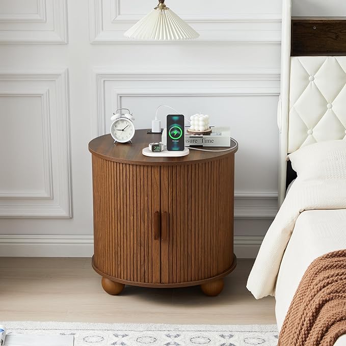 Farmhouse Round End Table with Charging Station, 24" Large Fluted Sofa Side Table with Sliding Tambour Door & Storage, Mid-Century Wood Nightstand for Living Room, Bedroom (Walnut)-Ruum Studio Home
