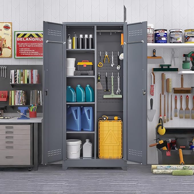Lockable Storage Cabinet,Utility Closet with Doors and Shelves,SteelGarage Cabinet with Adjustable Shelves for Home,Garage,Gray-Ruum Studio Home