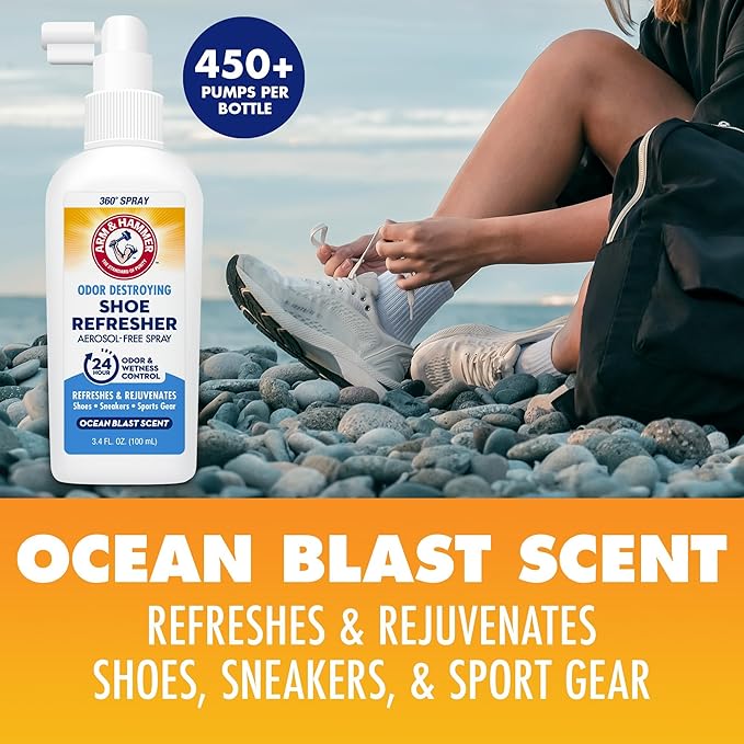 Arm & Hammer Shoe Refresher Spray, Odor Eliminator for Sneakers, 24 Odor & Wetness Control, Aerosol-Free Shoe Deodorizer Spray, Ocean Blast Scent, 3.4 oz-Ruum Studio Home