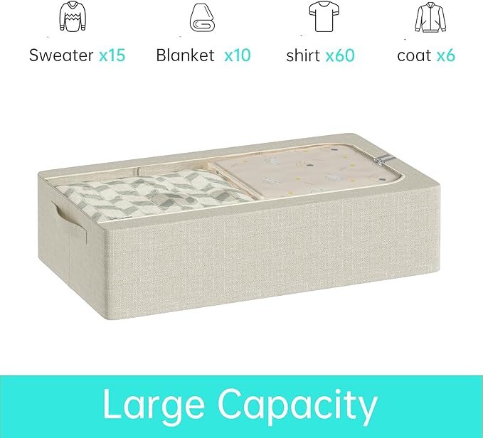 3PCS Under Bed Storage Bins with Metal Frame, Linen Fabric Frame Storage Box Clothes Organizer Bins, Underbed Container with Clear Window (Beige, 23.6 x 13 x 6IN)-Ruum Studio Home