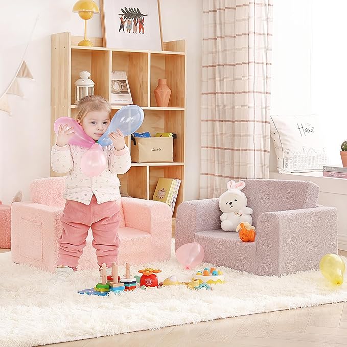 2-in-1 Toddler Chair Sherpa Couch - Soft Kids Lounger for Bedroom, Convertible Sofa for Girls and Boys, Reading Chair, Pink-Ruum Studio Home