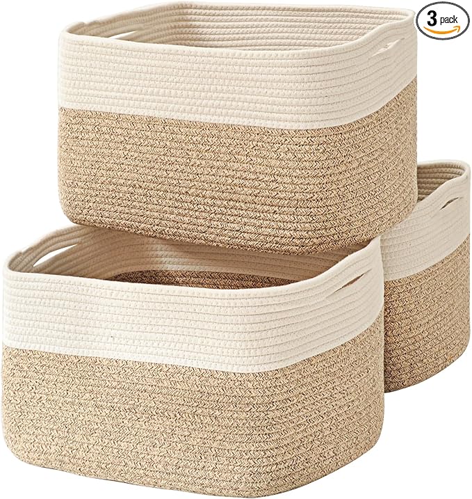 Large Storage Baskets for Organizing Shelves, Woven Cotton Rope Bins for Baby Nursery Organization, Book Toy Towel Organizer, 17"x13"x9.5", 3 Packs, Off White & Brown-Ruum Studio Home