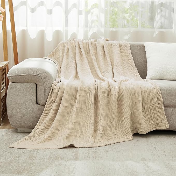 EMME Cotton Bed Blanket Twin Size Soft Muslin Boho Bedding Lightweight Breathable Twin Blanket All Season Gauze, Light Tan-Ruum Studio Home