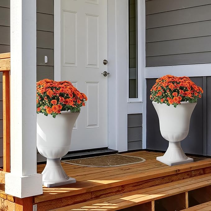 Worth Garden 2-Pack Plastic Urn Planters - 22'' Tall Round Classic Resin Flower Pots Pure White Traditional Large Plant Pots for Front Porch Patio Deck Wedding Decoration Pot - Indoor & Outdoor-Ruum Studio Home