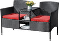Flamaker Outdoor Furniture Patio Loveseat Wicker 2-Seat with Built-in Table and Cushions Rattan Porch Chairs Bench for Balcony, Lawn, Backyard (Red)-Ruum Studio Home