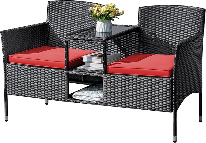 Flamaker Outdoor Furniture Patio Loveseat Wicker 2-Seat with Built-in Table and Cushions Rattan Porch Chairs Bench for Balcony, Lawn, Backyard (Red)-Ruum Studio Home